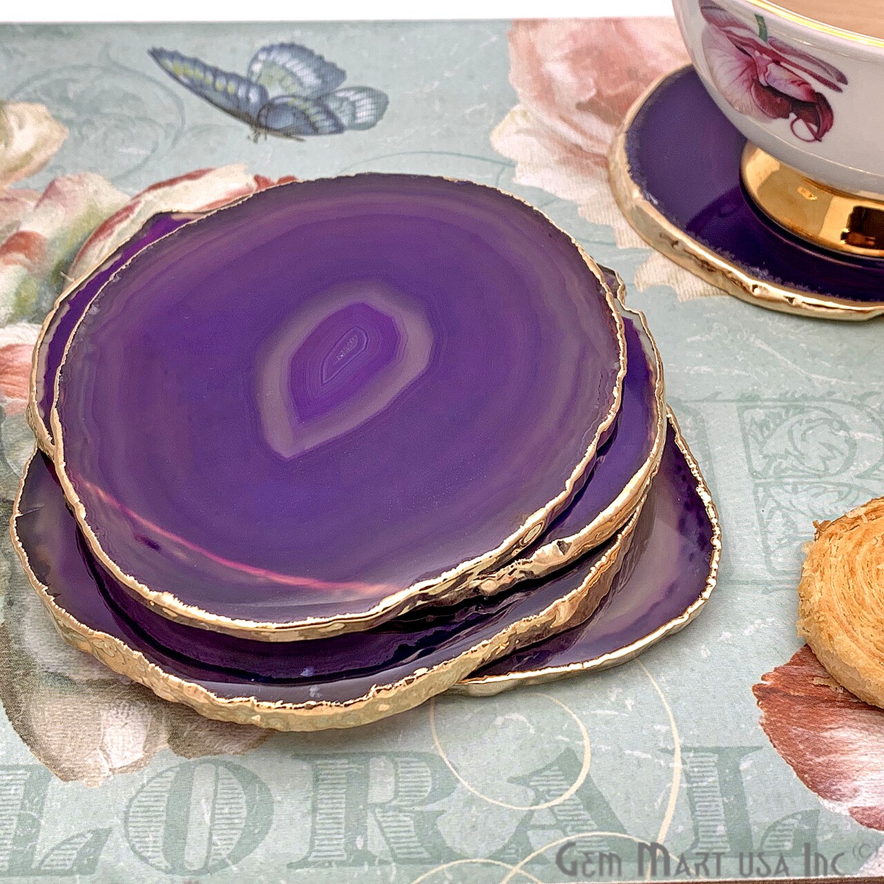 Purple Agate Coasters, Drinkware Coasters, Electroplated Agate Slice Home Décor, Agate Canvas, GemMartUSA (PPCO)